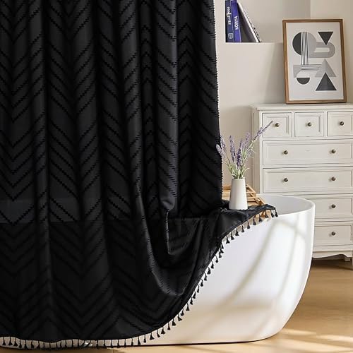 Siiluminisoy Stall Boho Shower Curtain Black Tassel Woven Fabric Shower Curtain 54 x 72 Modern Farmhouse Textured Tufted Chevron Striped Minimalist Bathroom Shower Curtain