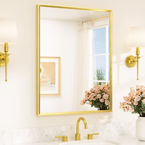 TETOTE Brushed Gold Mirror for Bathroom Sink 28" x 36" Beveled Frame Brushed Brass Gold Vanity Rectangle Mirror for Bathroom Wall, Modern Farmhouse, Tempered Glass, Stronger Frame