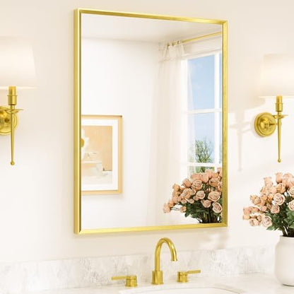 TETOTE Brushed Gold Mirror for Bathroom Sink 28" x 36" Beveled Frame Brushed Brass Gold Vanity Rectangle Mirror for Bathroom Wall, Modern Farmhouse, Tempered Glass, Stronger Frame