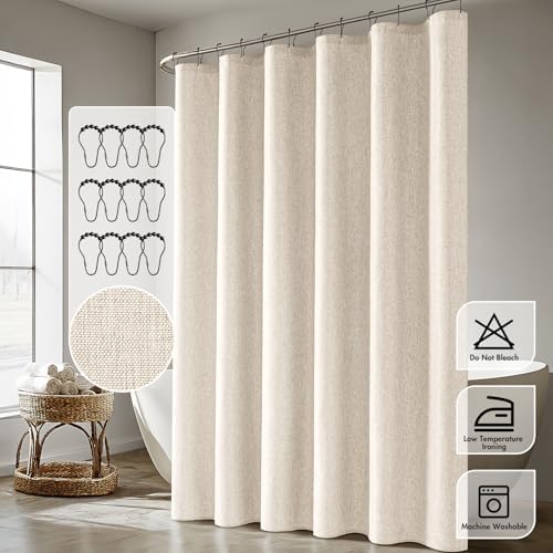 ANRODUO Cream Beige Linen Textured Fabric Shower Curtain Set - W72xL80