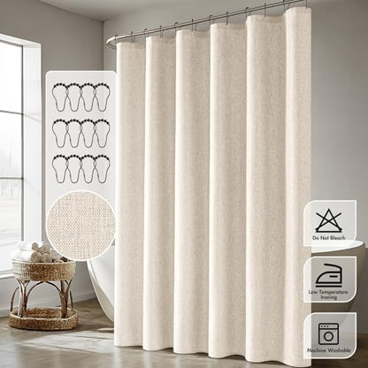 ANRODUO Cream Beige Linen Textured Fabric Shower Curtain Set - W72xL80
