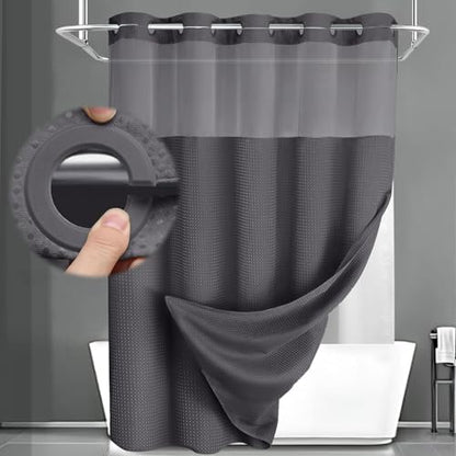 No Hook Shower Curtain with Liner Set Hotel Waffle Dark Grey 72W X 81L