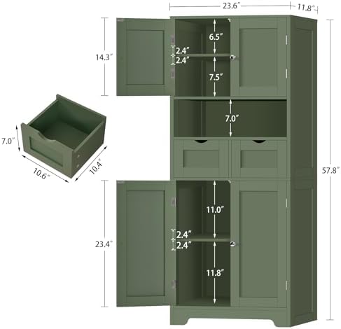 Iwell 58" H Tall Bathroom Storage Cabinet with 2 Drawers & 2 Adjustable Shelves, Bathroom Cabinet with 4 Doors, Tall Cabinet for Living Room, Dining Room, Entryway, Forest Green