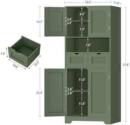 Iwell 58" H Tall Bathroom Storage Cabinet with 2 Drawers & 2 Adjustable Shelves, Bathroom Cabinet with 4 Doors, Tall Cabinet for Living Room, Dining Room, Entryway, Forest Green