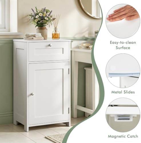 GIANTEX Floor Bathroom Storage Cabinet with Door and Drawer (White)
