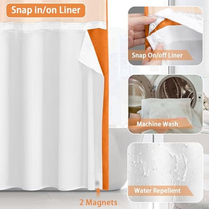 No Hook Shower Curtain with Liner Set Hotel Waffle Curtain Orange 72W X 75L