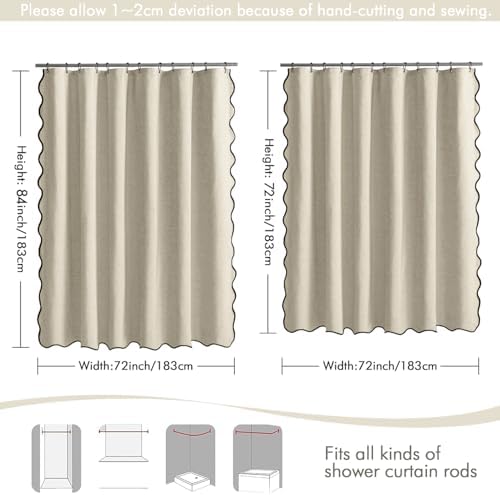 MIULEE Natural Scalloped Linen Shower Curtain 72x72 Inches