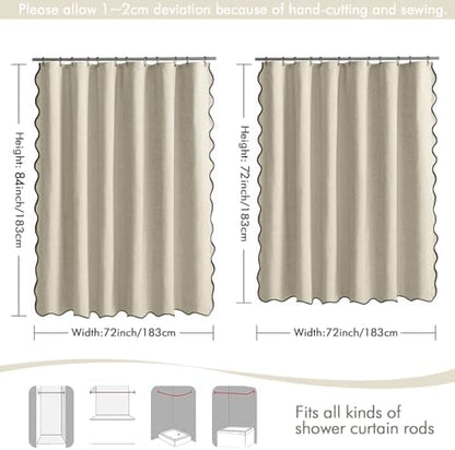 MIULEE Natural Scalloped Linen Shower Curtain 72x72 Inches