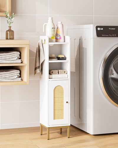 Bathroom Storage Cabinet, Small Corner Floor Hutch with Door and Shelves, Narrow Toilet Paper Cabinet, Bathroom Organizer with Adjustable Shelf, for Small Spaces (Classic-Rattan, White)