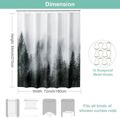 ORTIGIA 84 Inch Long Dark Green Misty Forest Shower Curtain for Bathroom, Nature Woodland Shower Curtain Set with Metal Hooks, Decorative Pine Tree Fog Magic Bath Curtain, Weighted, 72x84