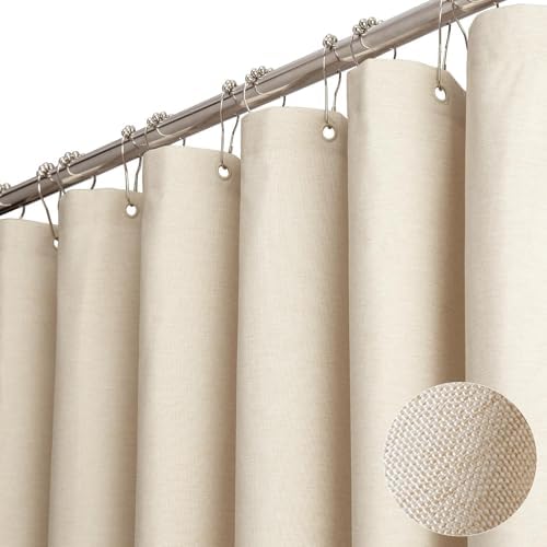 BTTN 72x80 Linen Textured Waterproof Fabric Shower Curtain Set, Beige/Cream
