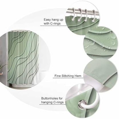 Shower Curtain Bathroom Set Gradient Sage Green Ocean Wave Line Waterproof Shower Curtains with Grommets Hooks Simple Striped Privacy Bath Curtain for Bathtub Decor 72x78in