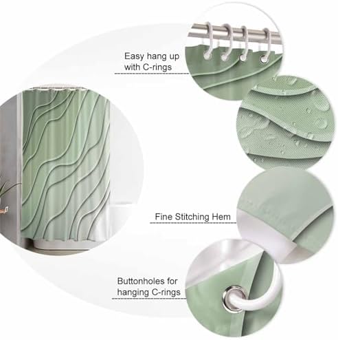 Shower Curtain Bathroom Set Gradient Sage Green Ocean Wave Line Waterproof Shower Curtains with Grommets Hooks Simple Striped Privacy Bath Curtain for Bathtub Decor 36x72in