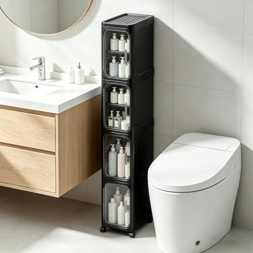 4-Tier Narrow Storage Cabinet Slim Bathroom Tall Skinny Organizer,Black