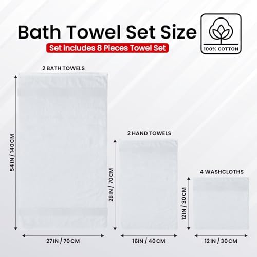 Infinitee Xclusives 100% Cotton Bath Towel Set – 8 Piece Bathroom Towel Set