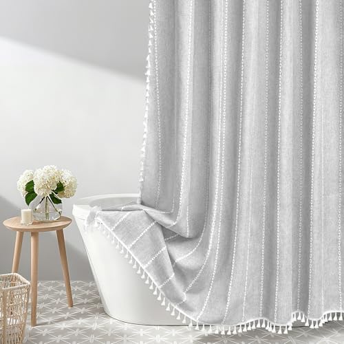 Seenus 72 x 84 inch Extra Long Boho Chic Shower Curtain Heavyweight with Tassels, Grey Linen Textured Fabric Farmhouse Shower Curtain, Elegant Gray & White Striped Bathroom Curtain Water Repellent