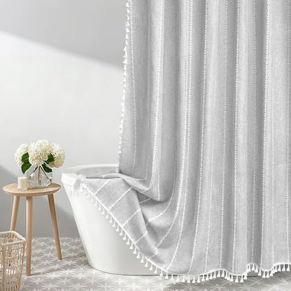 Seenus 72 x 84 inch Extra Long Boho Chic Shower Curtain Heavyweight with Tassels, Grey Linen Textured Fabric Farmhouse Shower Curtain, Elegant Gray & White Striped Bathroom Curtain Water Repellent