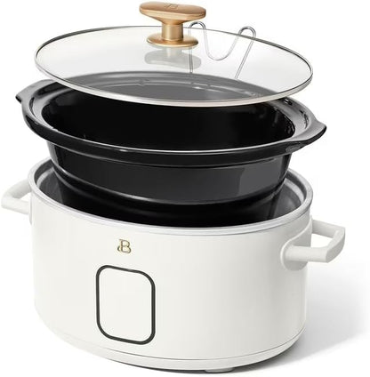 B 6 Qt Programmable Slow Cooker with Digital Timer, 5 Cooking Functions, Removable Ceramic Pot, Tempered Glass Lid, Dishwasher Safe (White Icing)