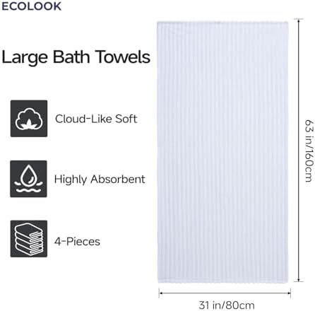 ecolook White Bath Towel Set of 4, 31 x 63 in, Soft and Highly Absorbent, Lightweight Microfiber Towels for Bathroom, Gym, Hotel and Spa