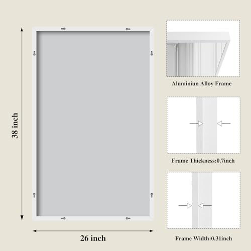 Koonmi White Rectangle Wall Mirror, 26x38 Inch Bathroom Mirror, Aluminum Frame Vanity Mirror for Entryway, Living Room, Bedroom Bathroom, Hangs Horizontally or Vertically