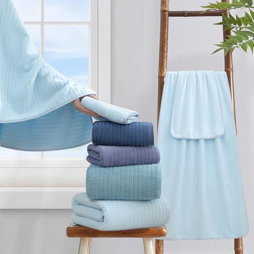 18 Piece Bath Towels Set,Super Soft Family Bathroom Towel Set with Hanging Loops-6 Bath Towels,6 Hand Towels,6 Washcloths,Highly Absorbent Quick Dry Shower Towel for Bathroom,Hotel,Spa-Blue Towel Set