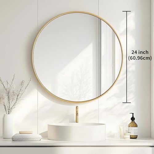 Oruii Round Mirror, 24 inch Glold Circle Mirror, Bruhsed Gold Metal Frame