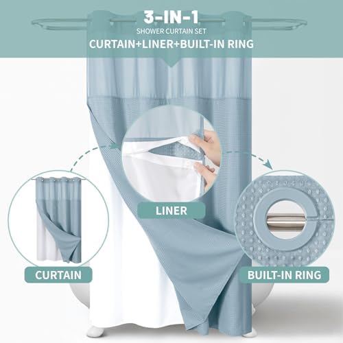 eachope No Hook Waffle Shower Curtain with Snap-in Liner, 54x80 Inch, Teal