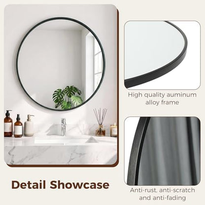 NEWBULIG 30 Inch Round Wall Mirror, Bathroom Mirrors for Over Sink, Matte Metal Framed Circle Vanity Mirror, Wall Decor for Bedroom, Anti-Rust, Tempered Glass, Hanging or Leaning, Classic Black