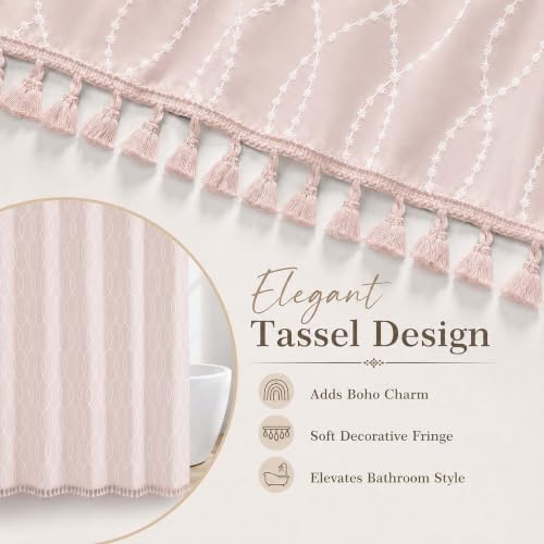 OVZME Pink Shower Curtain for Bathroom, Puff Printed Textured Shower Curtain with Tassels, Rustic Geometry Heavy Duty Vintage Country Bathroom Curtain, Water Resistant Fabric, 72Wx72L Inches