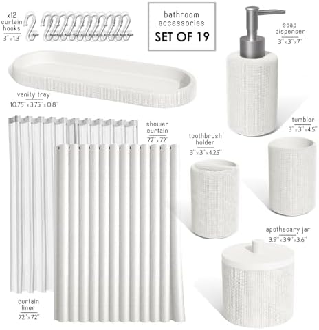 Clara Clark Bathroom Set - White Bathroom Accessories Set, 19PC Bathroom Accessory Set, Bathroom Sets with Shower Curtain Set, Soap Dispenser & Toothbrush Holder