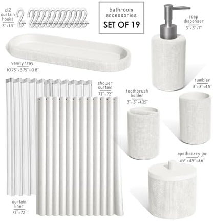 Clara Clark Bathroom Set - White Bathroom Accessories Set, 19PC Bathroom Accessory Set, Bathroom Sets with Shower Curtain Set, Soap Dispenser & Toothbrush Holder