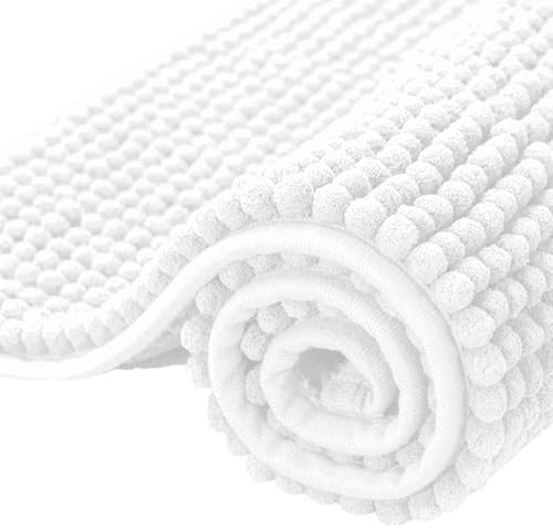 SUBRTEX Bathroom Rugs Chenille Bath Rug Soft Short Plush Bath Mat Soft Shower Mat Water Absorbent Shower Mat Quick Dry Machine Washable(White,18" x 24")