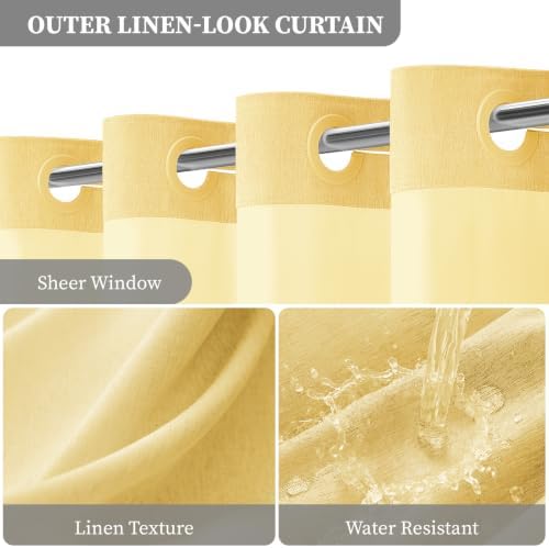 BTTN Yellow Ringless Linen Textured Shower Curtain with Snap in Liner 72x75