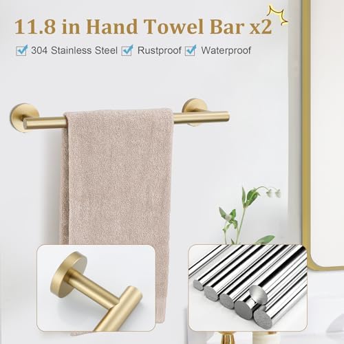 TURS Brushed Gold 10 Pieces Bathroom Hardware Set, SUS304 Stainless Steel 24 Inch Bath Towel Bar Set, Round Bathroom Accessories Kit Wall Mounted