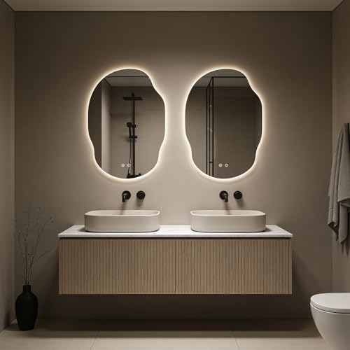 WallBeyond Asymmetrical Bathroom Mirror with Lights, Irregular LED Backlit Vanity Mirror, 31" H x 22" W, Anti-Fog, Dimmable Lighting with 3 Color Temp, Memory, Hardwired, Vertical or Horizontal Mount