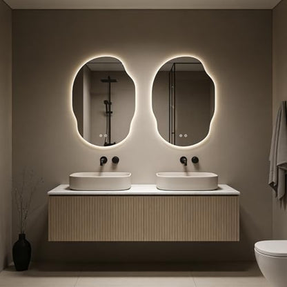 WallBeyond Asymmetrical Bathroom Mirror with Lights, Irregular LED Backlit Vanity Mirror, 31" H x 22" W, Anti-Fog, Dimmable Lighting with 3 Color Temp, Memory, Hardwired, Vertical or Horizontal Mount