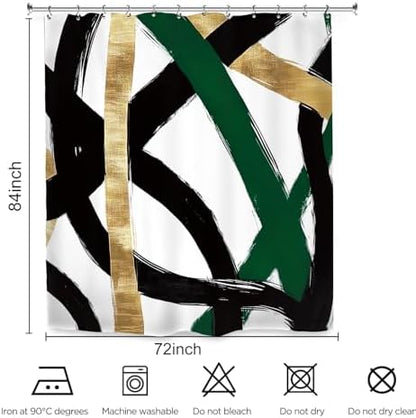 Abstract Emerald Green Black Gold Shower Curtain 72Wx84L Inch Modern Minimalist Contemporary Geometric Extra Long Bathroom Set Accessories Decor with 12 Pack Hooks