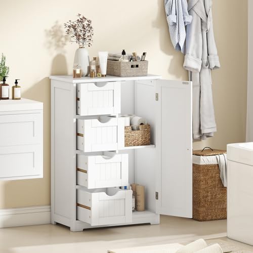 Giantex Storage Cabinet with 4 Drawers, Bathroom Storage Organizer with Cupboard, Adjustable Shelf, Anti-Toppling Device, Floor Cabinet, Entryway Storage Unit Console Table, White