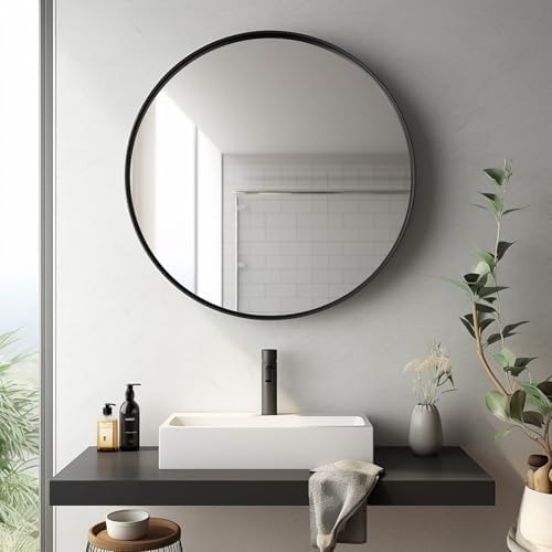 Sunniry Circle Mirror 26 inch, Black Round Mirror, Matte Black Metal Frame