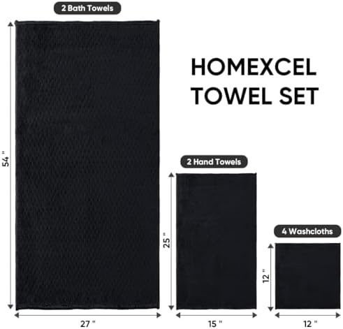 HOMEXCEL 8PK Bath Towel Set, Soft Absorbent, 2 Bath, 2 Hand, 4 Wash, Black