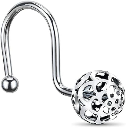 Chictie Silver Shower Curtain Hooks - Oil Rubbed Chrome Decorative Shower Curtain Rings,Set of 12 Bling Metal Rustproof Shower Hangers for Bathroom Curtains Rods Hollow Ball Design