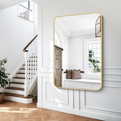 BONEWEI Gold Bathroom Mirror,60x40 inch Wall Mirror for Bathroom Wall Mounted,Round Rectangle Mirror for Bathroom Over Sink,Modern Frame for Home Decor Living Room,Bedroom Entryway,Horizontal/Vertical