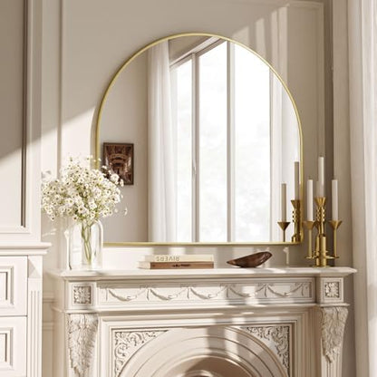 VooBang Wide Arched Wall Mirror, 31 x 32 inch Arch Bathroom Mirror Gold