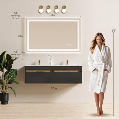 48"x30" LED Bathroom Mirror with Anti-Fog, Backlit & Front Lights, Memory