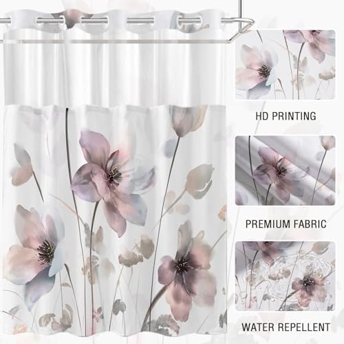 No Hook Shower Curtain and Liner Set, Pink Boho Floral 71x74