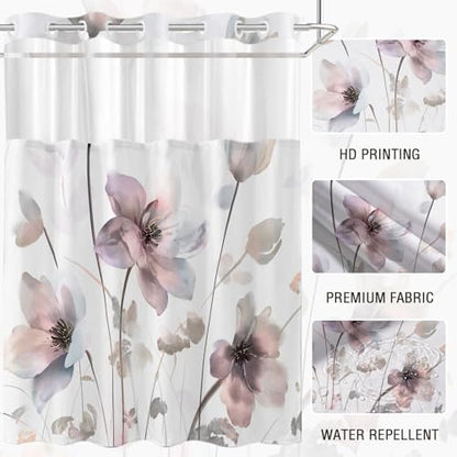 No Hook Shower Curtain and Liner Set, Pink Boho Floral 71x74