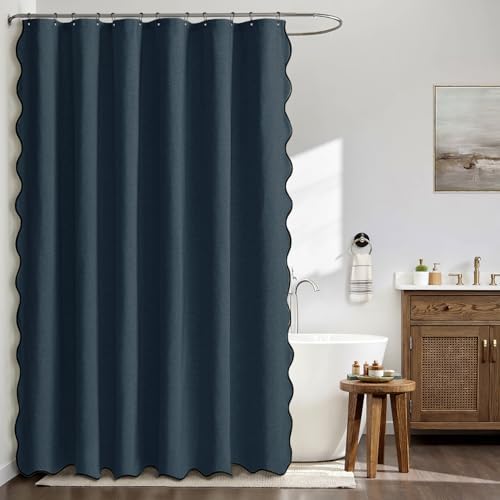 MIULEE 72"x84" Extra Long Scalloped Linen Shower Curtain Navy Blue