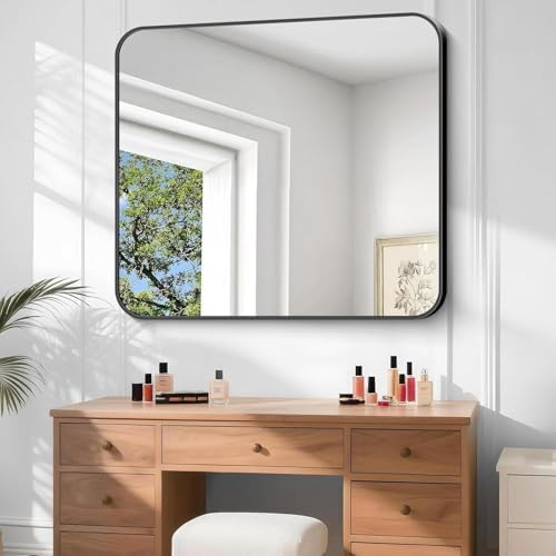 Bathroom Mirror, 48 x 40 inch Black Rectangle Wall Mirror, Metal Frame Rectangular Vanity Mirror, Rounded Corner Wall Mounted Mirror for Modern Bedroom Living Room Hangs Horizontal/Vertical