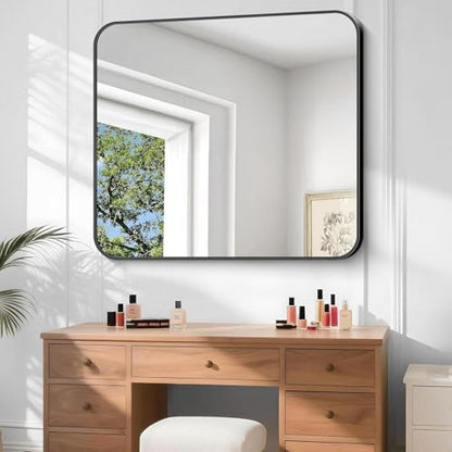 Bathroom Mirror, 48 x 40 inch Black Rectangle Wall Mirror, Metal Frame Rectangular Vanity Mirror, Rounded Corner Wall Mounted Mirror for Modern Bedroom Living Room Hangs Horizontal/Vertical