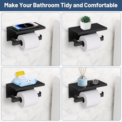 TURS 5-Pieces Matte Black Bathroom Hardware Accessories Set 23.6" Towel Bar Set Wall Mounted Square Toilet Paper Holder with Shelf Stainless Steel